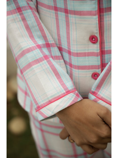 Pink Checked Full Sleeves Night Suit