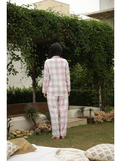 Pink Checked Full Sleeves Night Suit