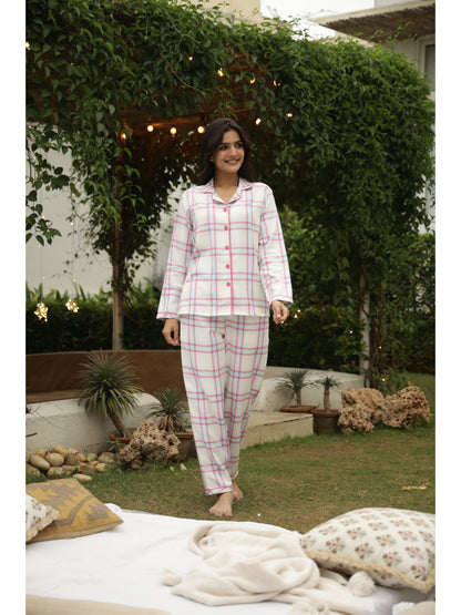Pink Checked Full Sleeves Night Suit