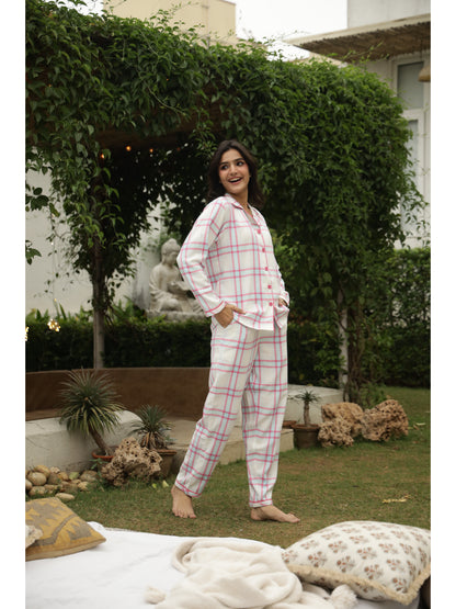 Pink Checked Full Sleeves Night Suit