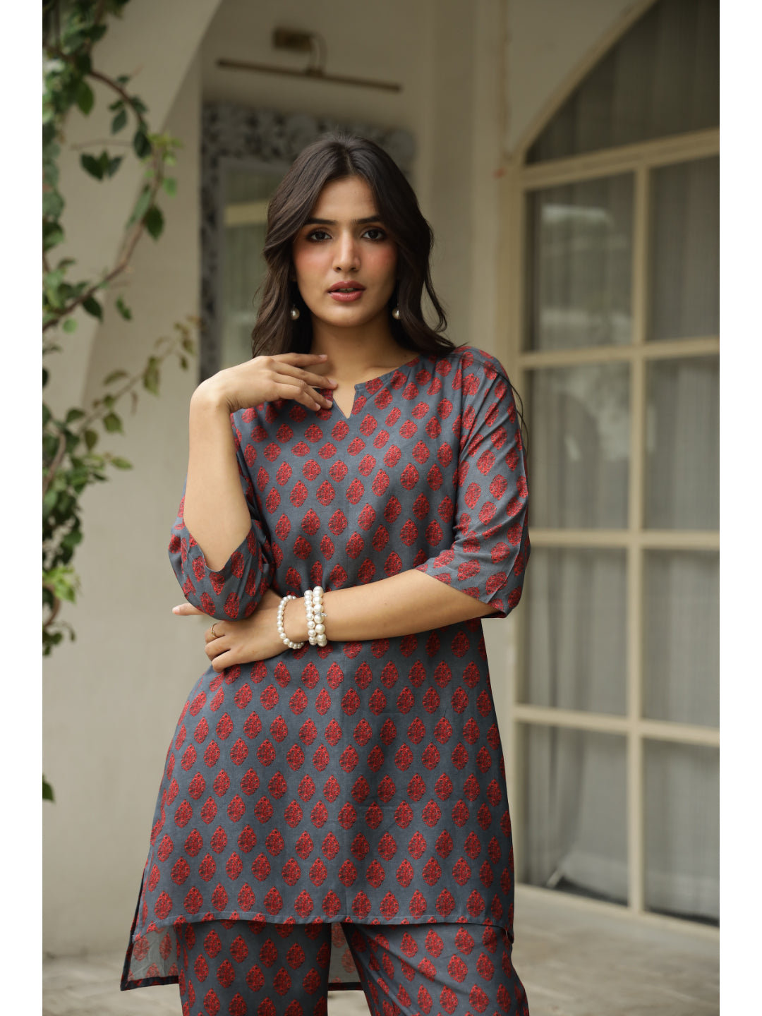 Grey Floral Three-Quarter Sleeves Co-ord Set