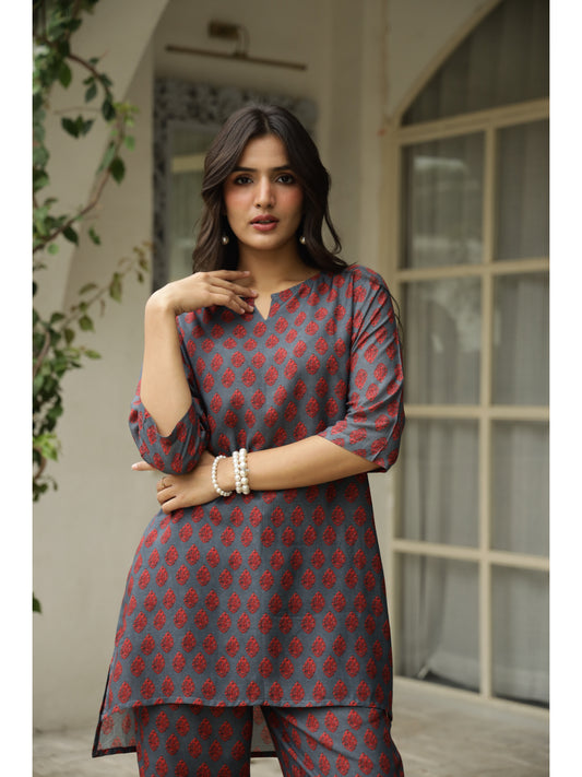 Grey Floral Three-Quarter Sleeves Co-ord Set