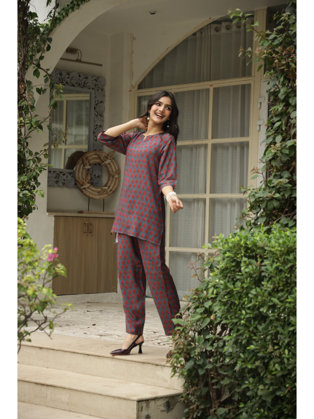 Grey Floral Three-Quarter Sleeves Co-ord Set