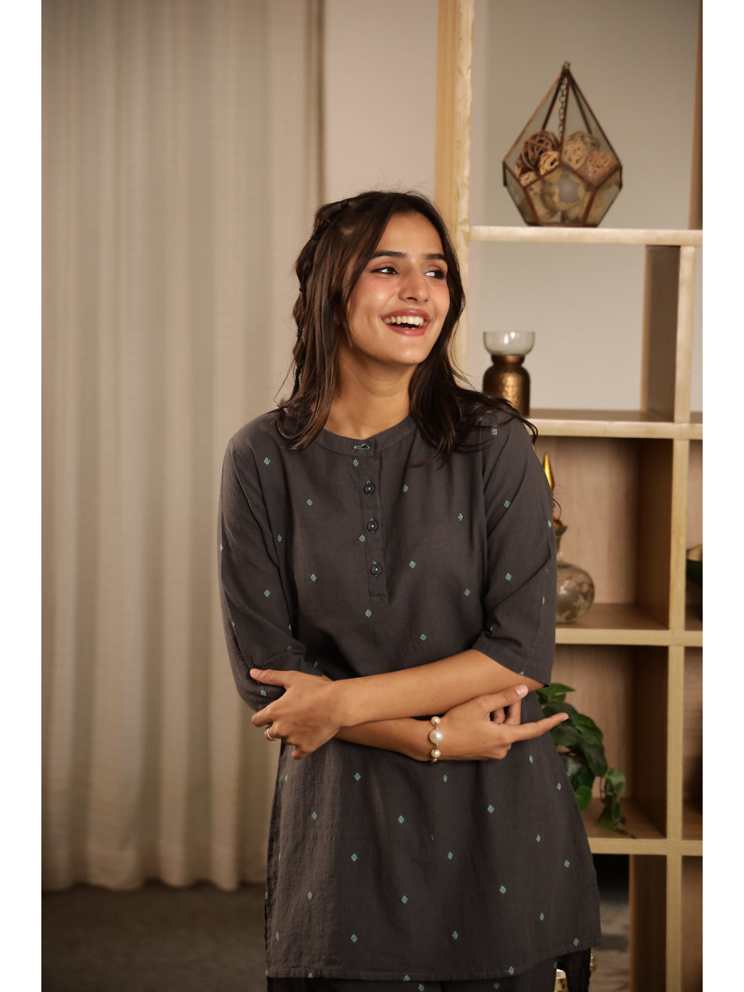 Grey Floral Three-Quarter Sleeves Kurta & Palazzo