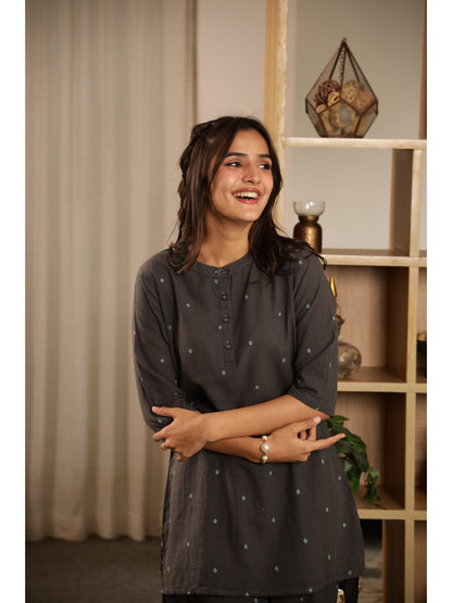 Grey Floral Three-Quarter Sleeves Kurta & Palazzo
