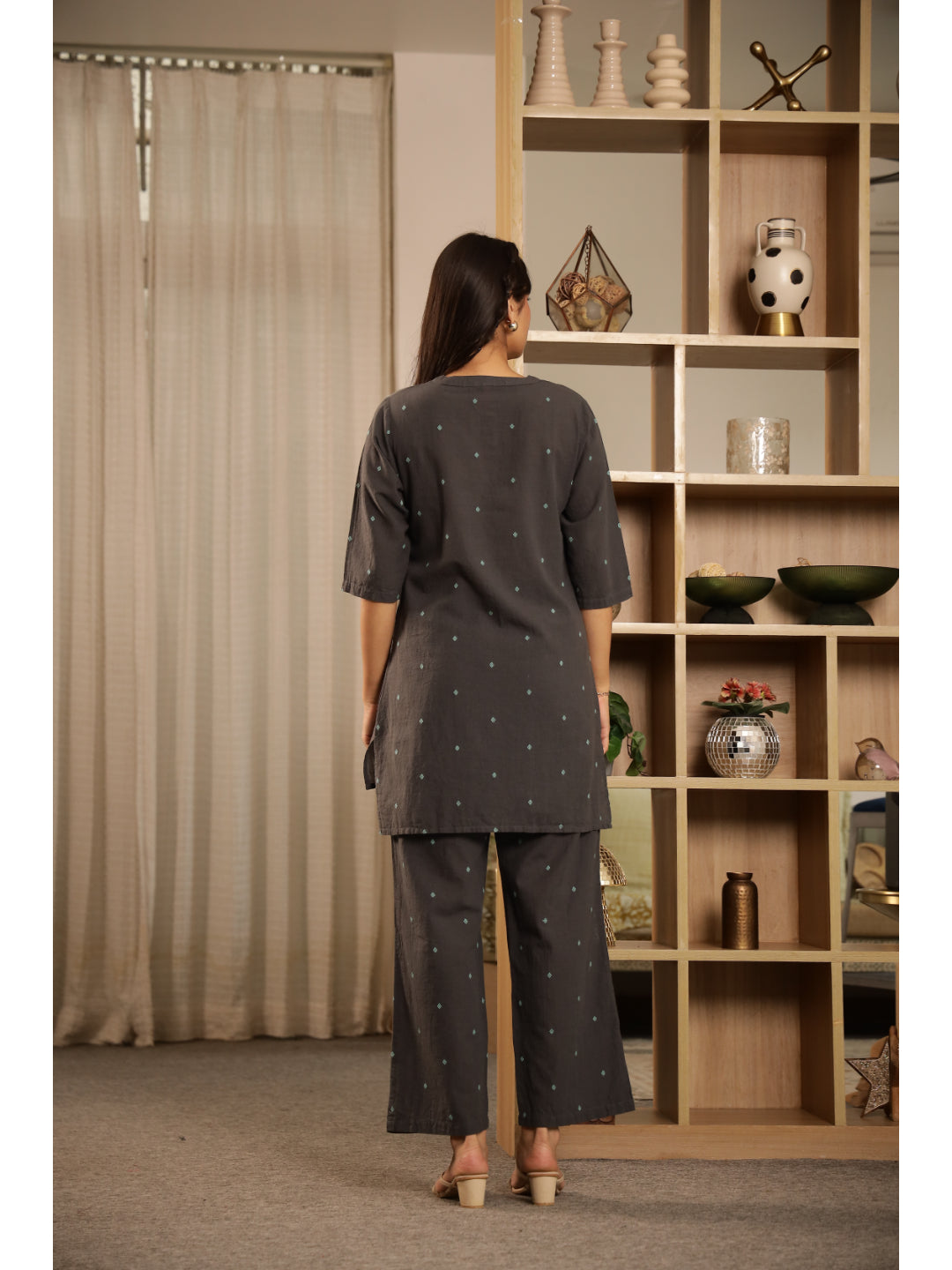 Grey Floral Three-Quarter Sleeves Kurta & Palazzo