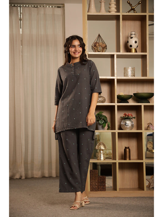 Grey Floral Three-Quarter Sleeves Kurta & Palazzo