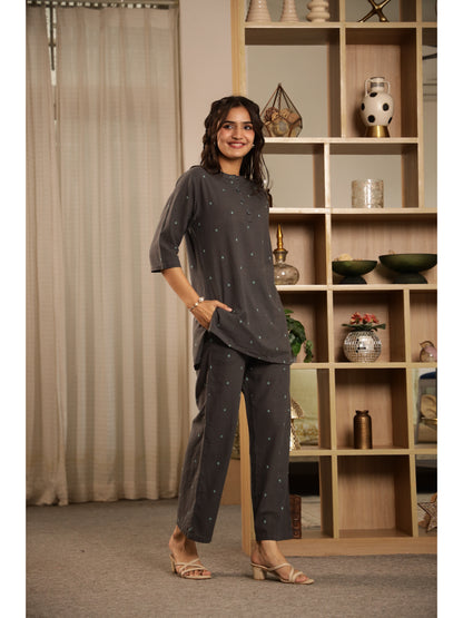 Grey Floral Three-Quarter Sleeves Kurta & Palazzo