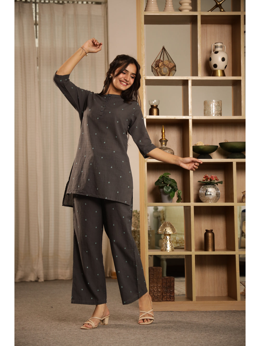 Grey Floral Three-Quarter Sleeves Kurta & Palazzo