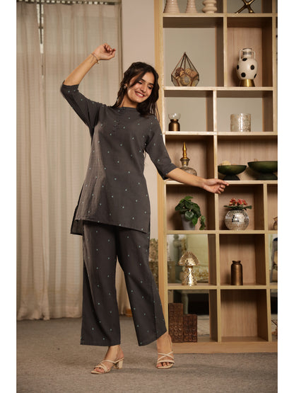Grey Floral Three-Quarter Sleeves Kurta & Palazzo