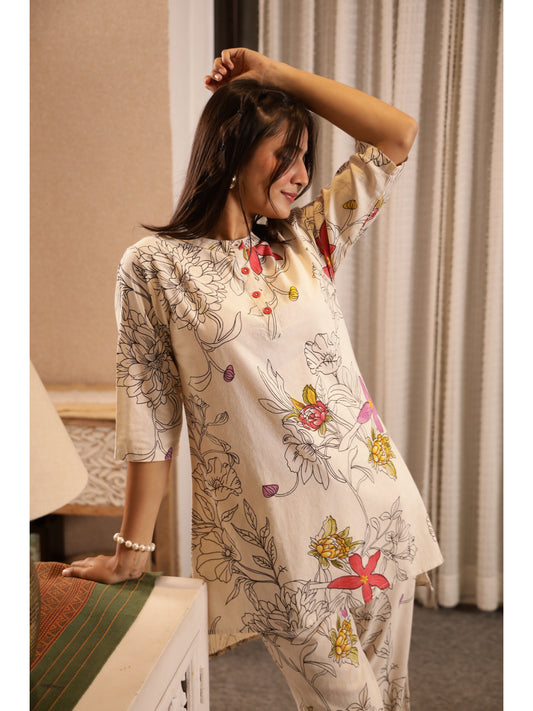 Multi Floral Three-Quarter Sleeves Kurta & Palazzo