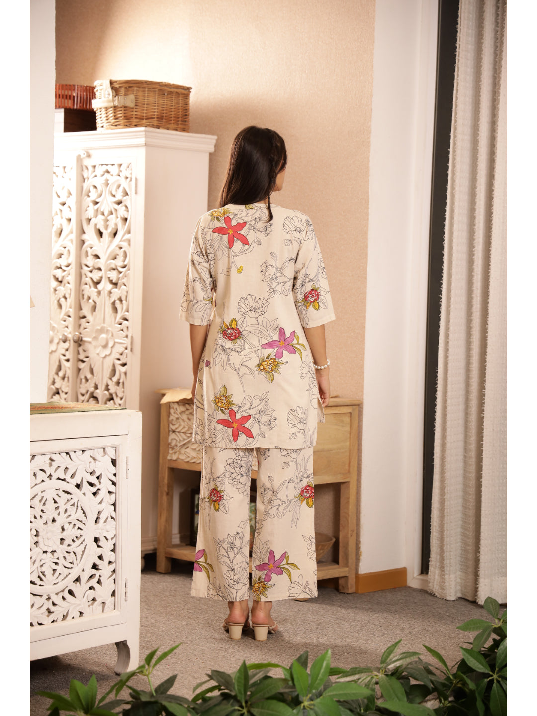 Multi Floral Three-Quarter Sleeves Kurta & Palazzo