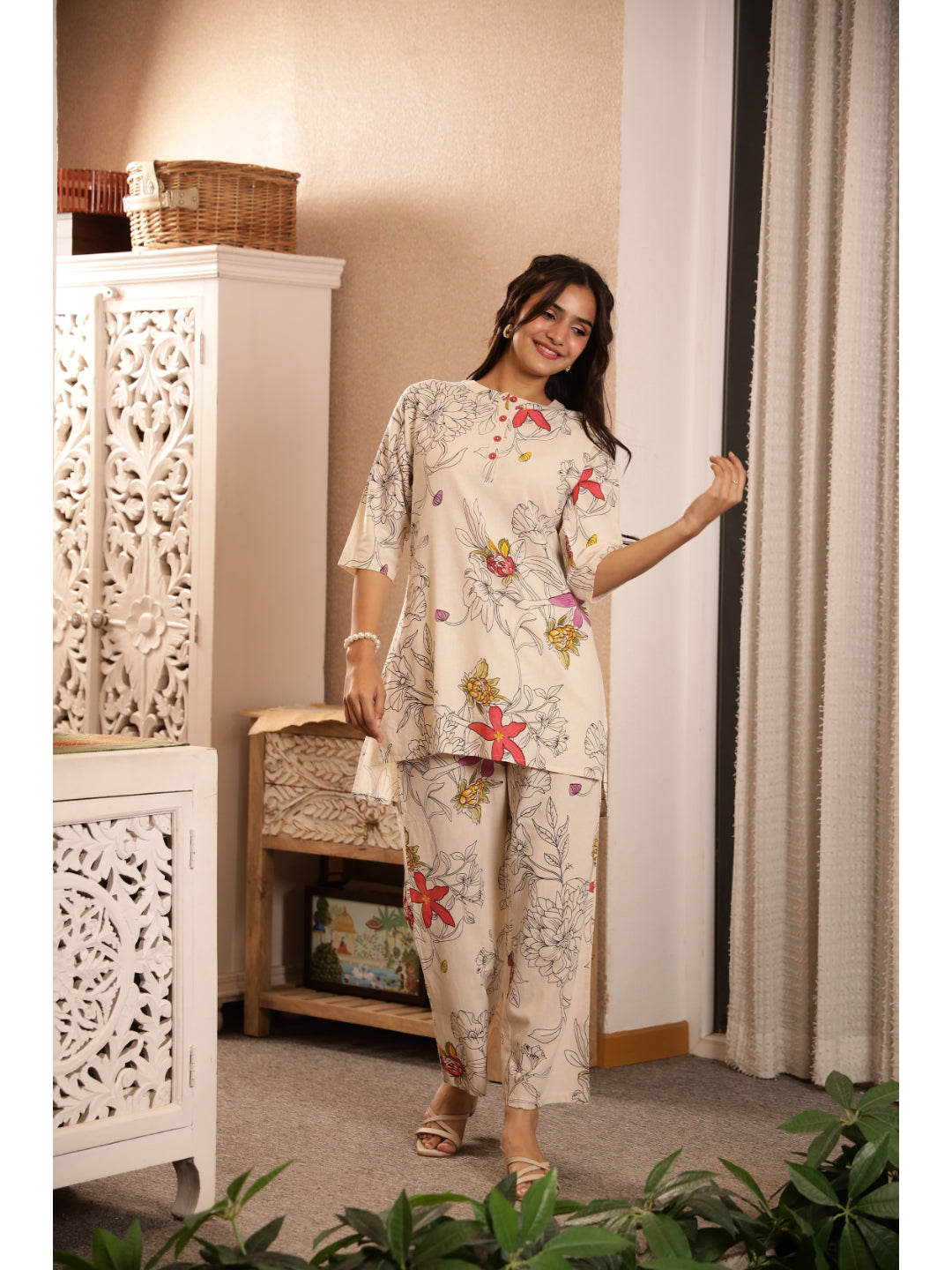Multi Floral Three-Quarter Sleeves Kurta & Palazzo