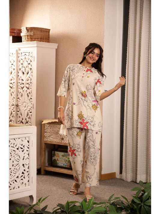 Multi Floral Three-Quarter Sleeves Kurta & Palazzo
