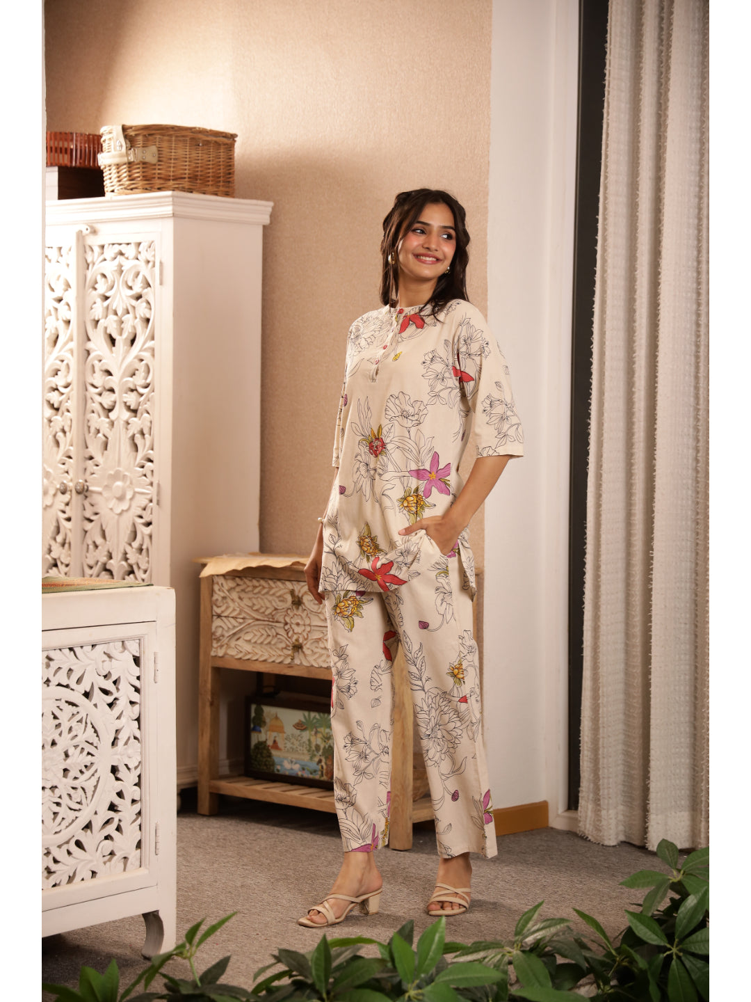 Multi Floral Three-Quarter Sleeves Kurta & Palazzo