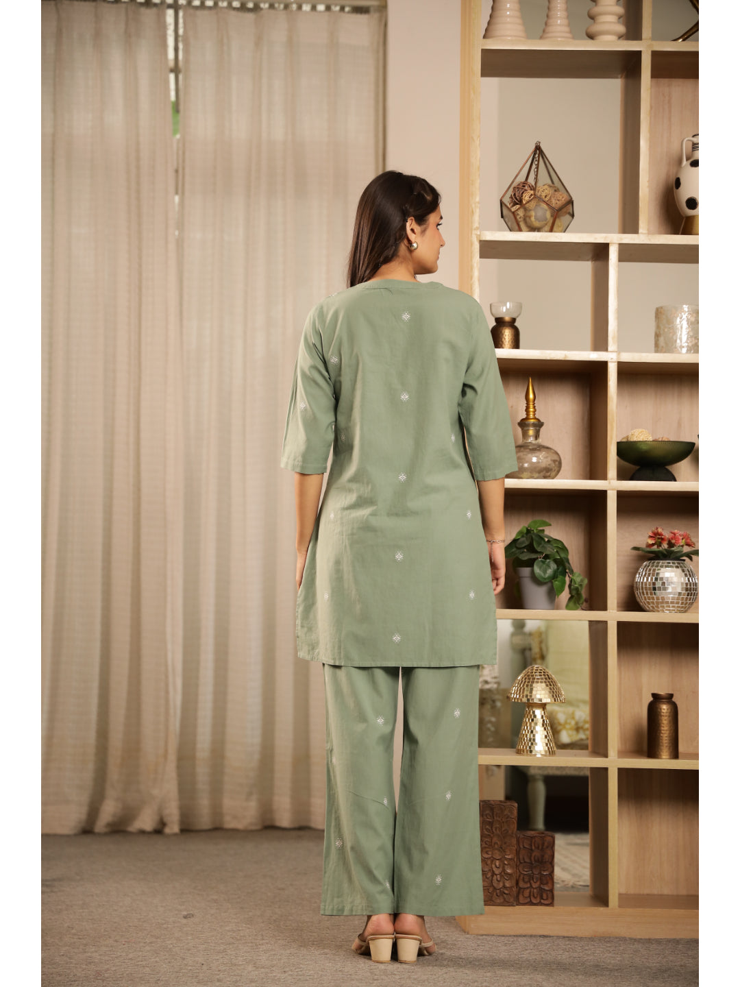 Green Floral Three-Quarter Sleeves Kurta & Palazzo