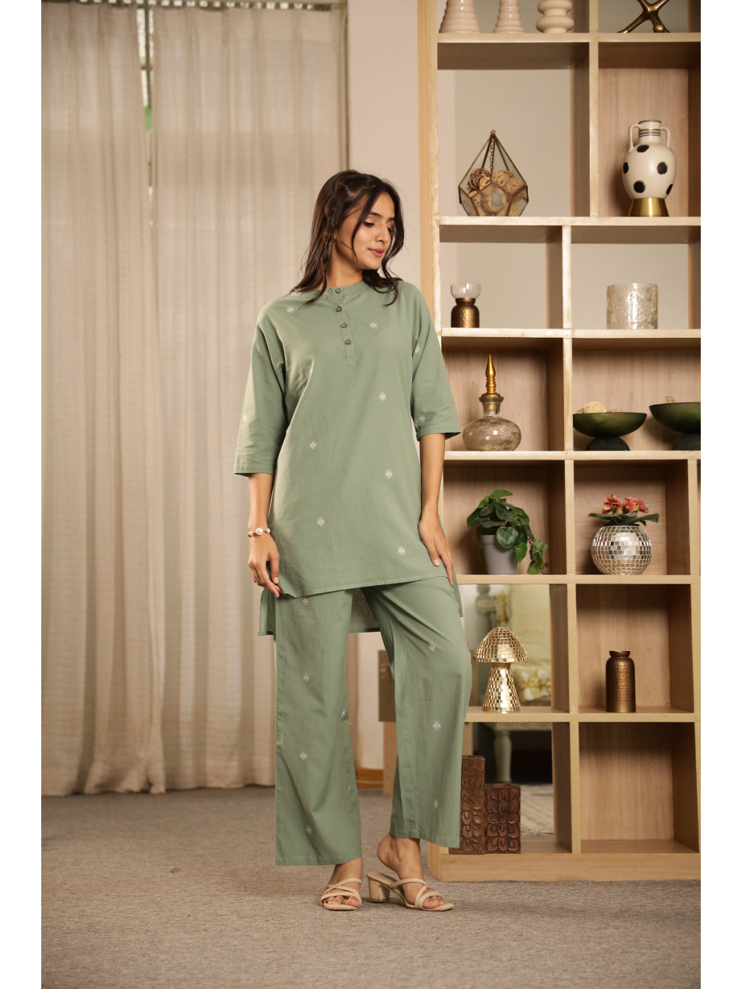 Green Floral Three-Quarter Sleeves Kurta & Palazzo