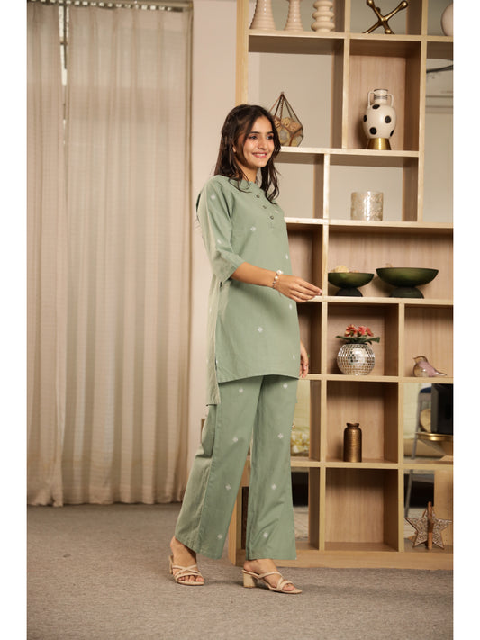 Green Floral Three-Quarter Sleeves Kurta & Palazzo