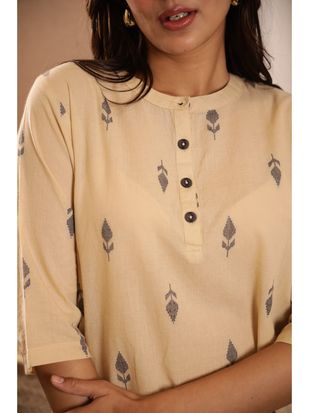 Beige Floral Three-Quarter Sleeves Kurta & Palazzo