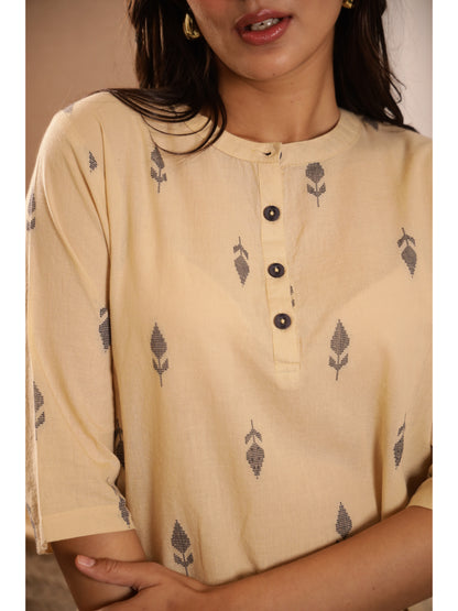 Beige Floral Three-Quarter Sleeves Kurta & Palazzo