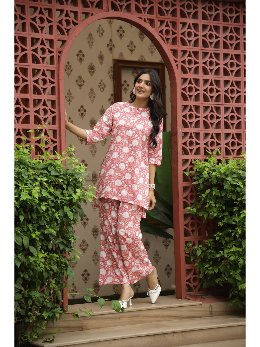 Coral Floral Three-Quarter Sleeves Kurta & Palazzo