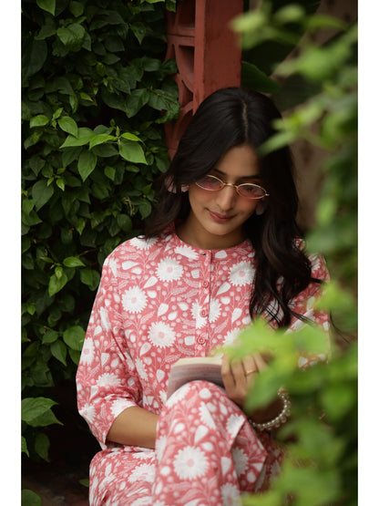 Coral Floral Three-Quarter Sleeves Kurta & Palazzo