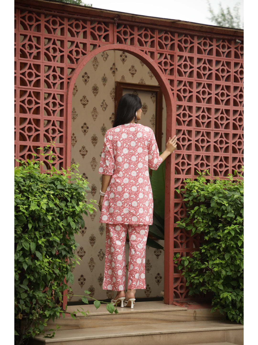Coral Floral Three-Quarter Sleeves Kurta & Palazzo