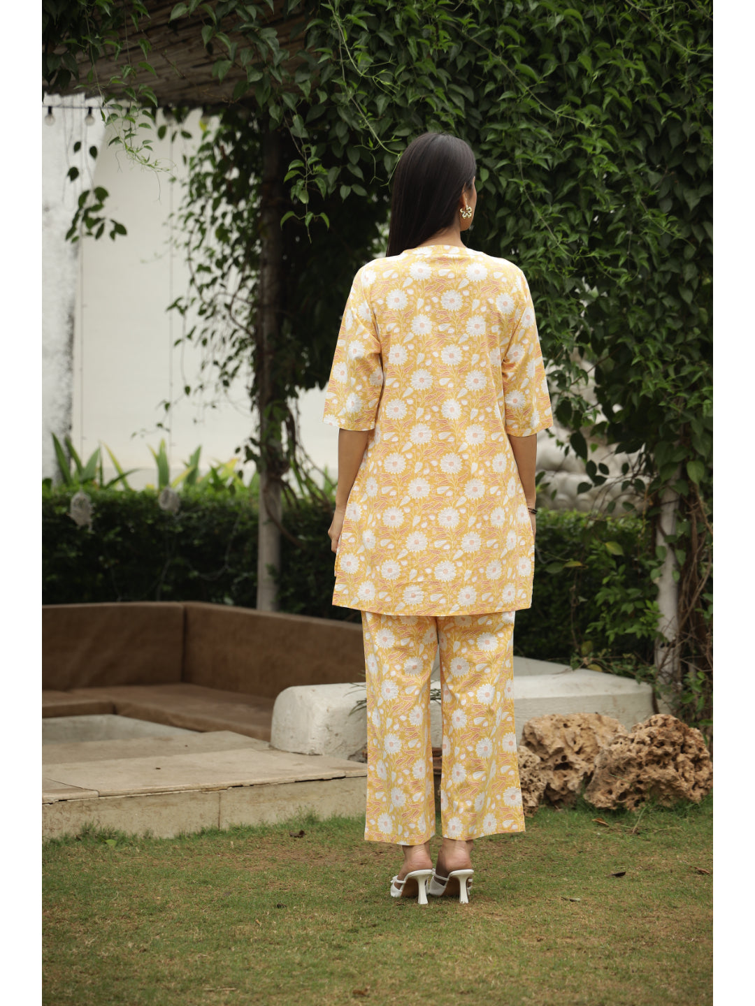 Yellow Floral Three-Quarter Sleeves Kurta & Palazzo