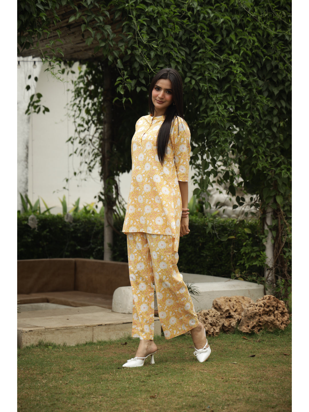 Yellow Floral Three-Quarter Sleeves Kurta & Palazzo