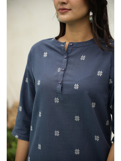 Blue Floral Three-Quarter Sleeves Kurta & Palazzo