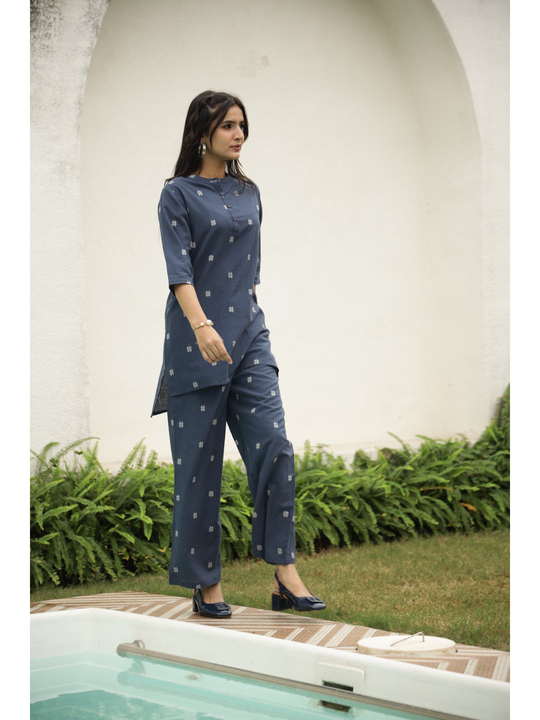 Blue Floral Three-Quarter Sleeves Kurta & Palazzo