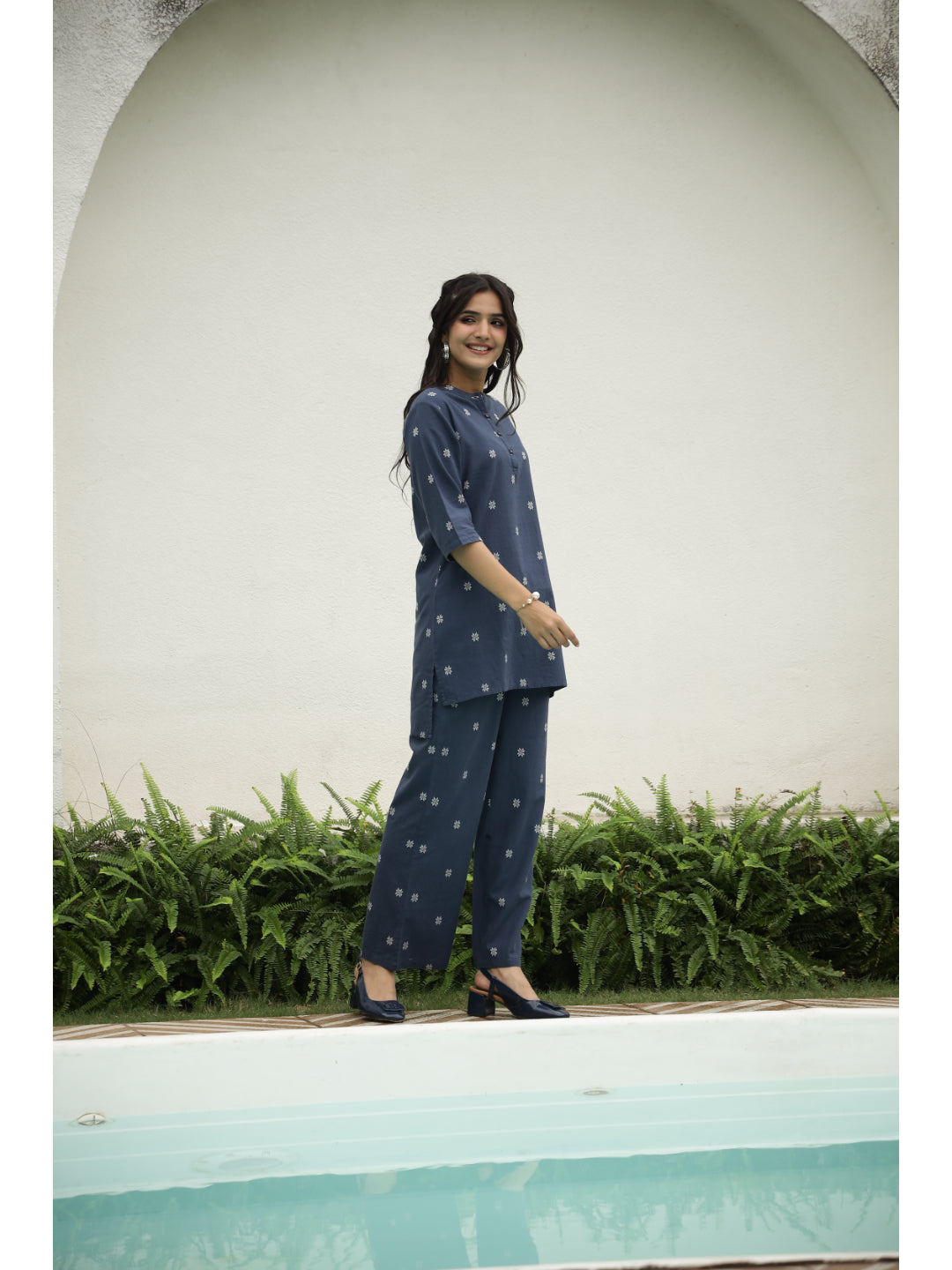 Blue Floral Three-Quarter Sleeves Kurta & Palazzo
