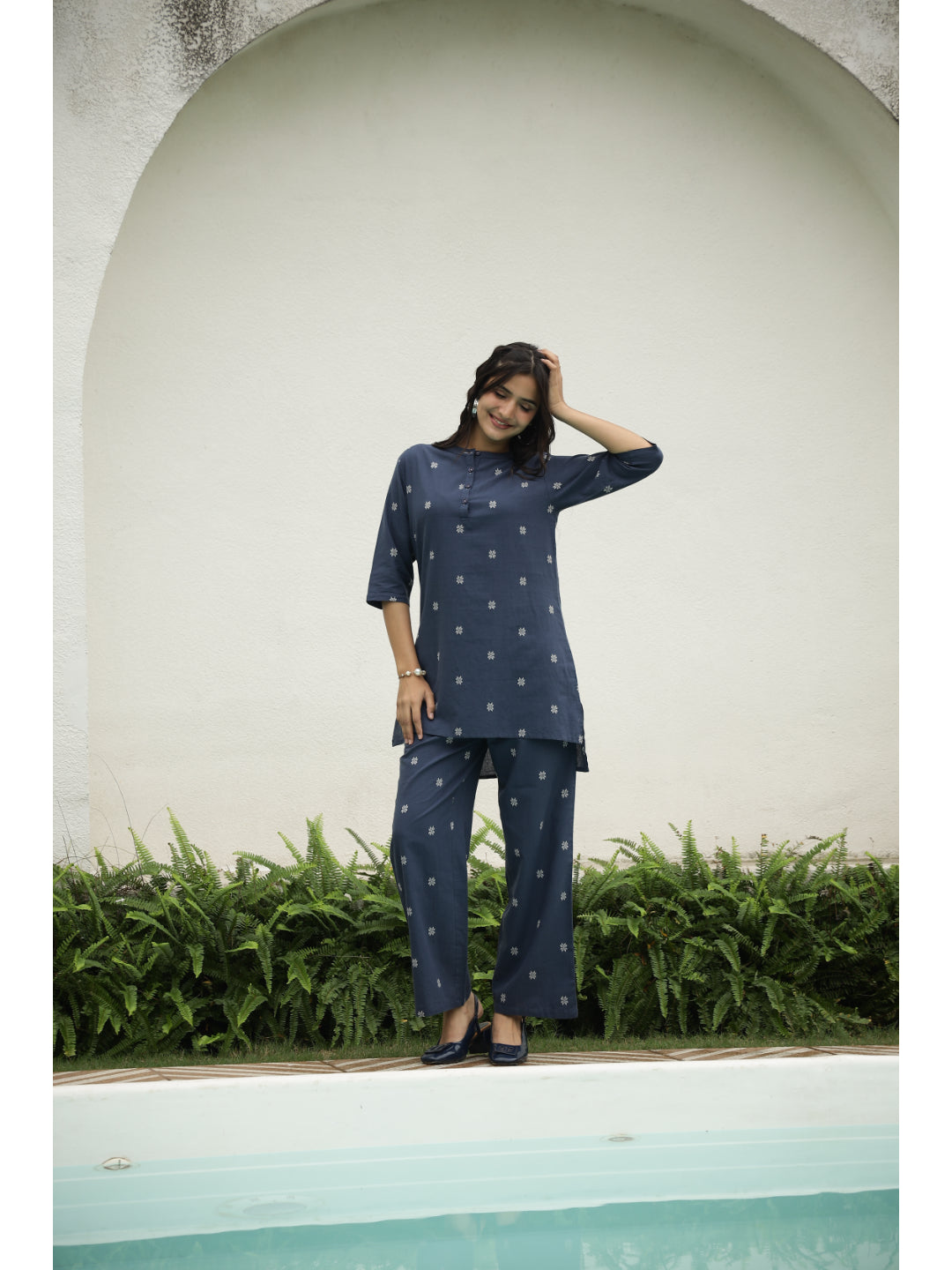 Blue Floral Three-Quarter Sleeves Kurta & Palazzo