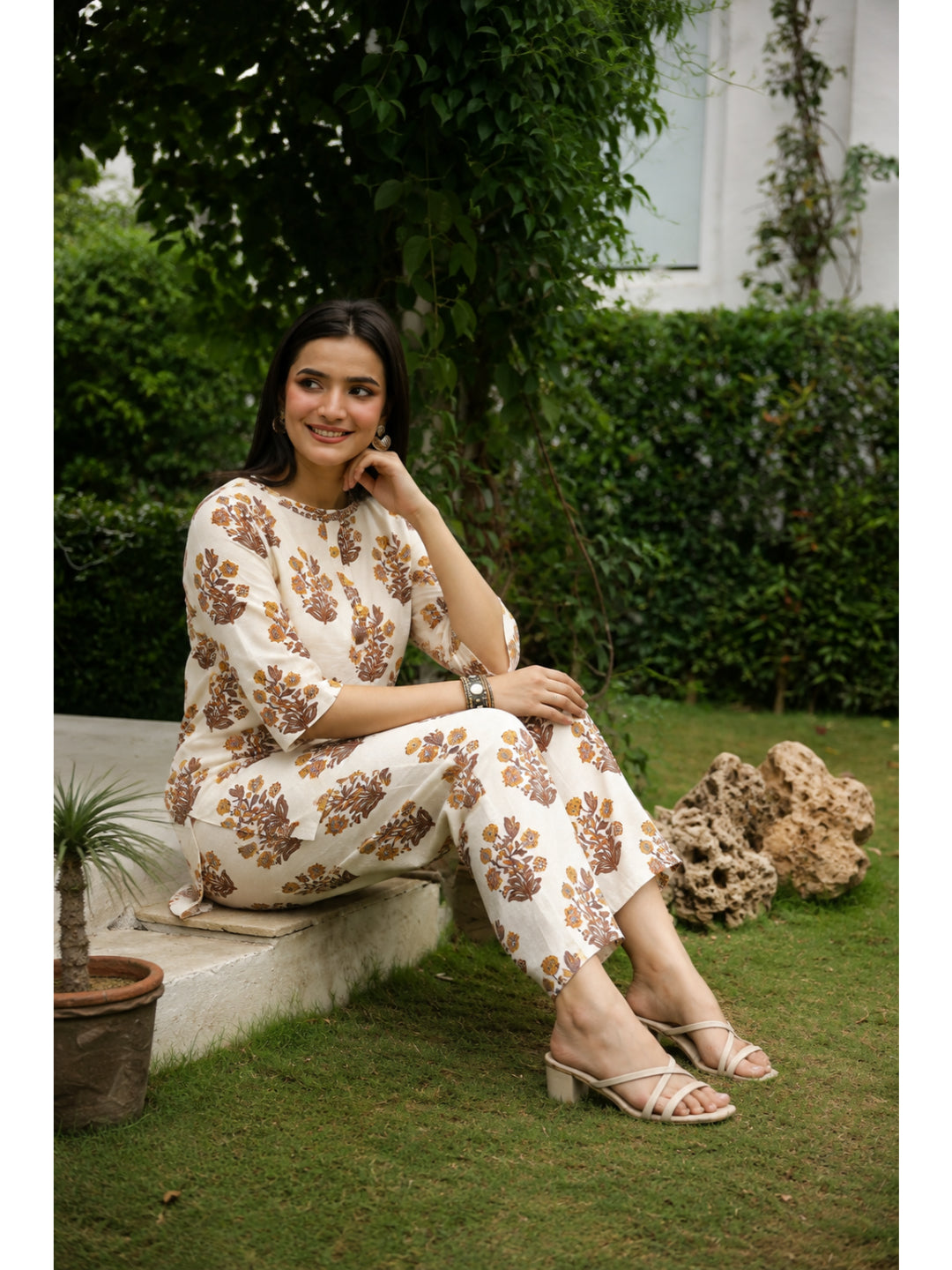 Yellow Floral Three-Quarter Sleeves Kurta & Palazzo