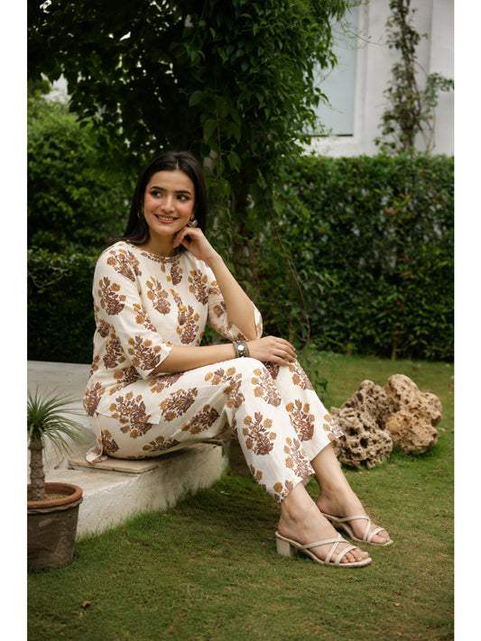Yellow Floral Three-Quarter Sleeves Kurta & Palazzo