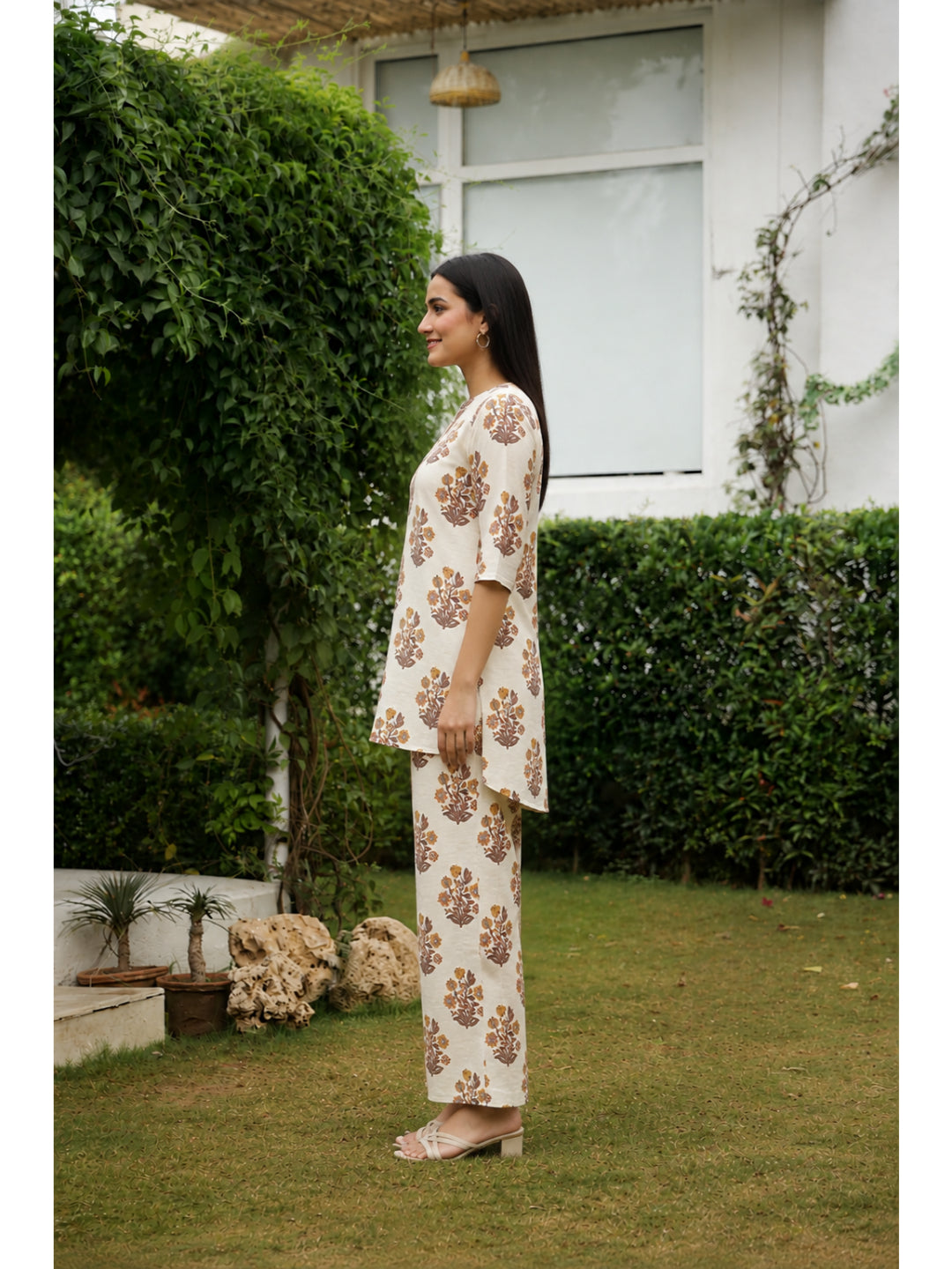 Yellow Floral Three-Quarter Sleeves Kurta & Palazzo