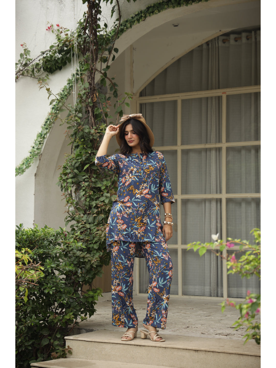 Blue Floral Three-Quarter Sleeves Kurta & Palazzo