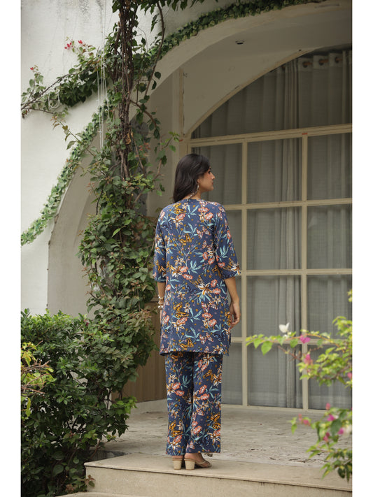 Blue Floral Three-Quarter Sleeves Kurta & Palazzo