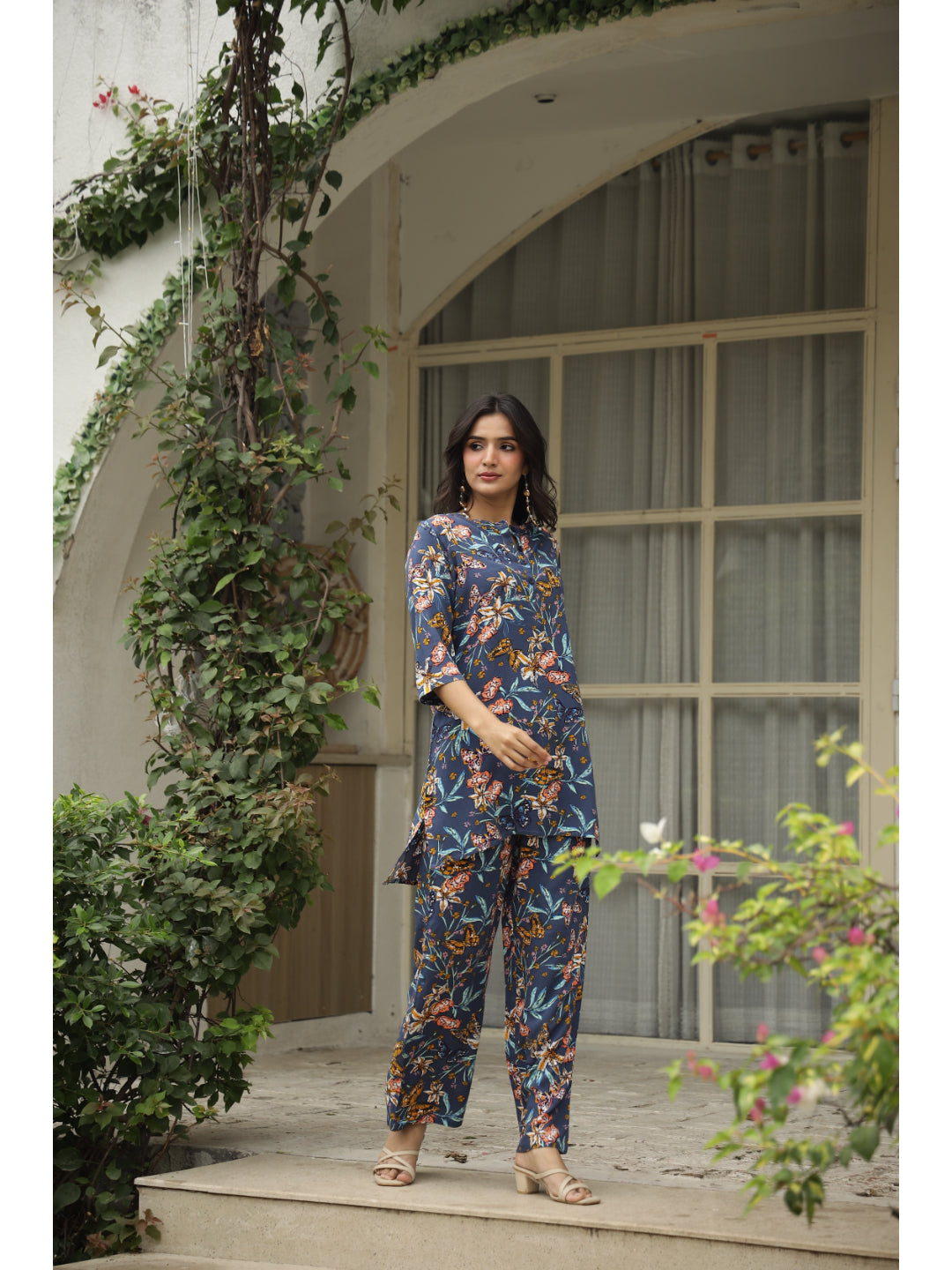 Blue Floral Three-Quarter Sleeves Kurta & Palazzo