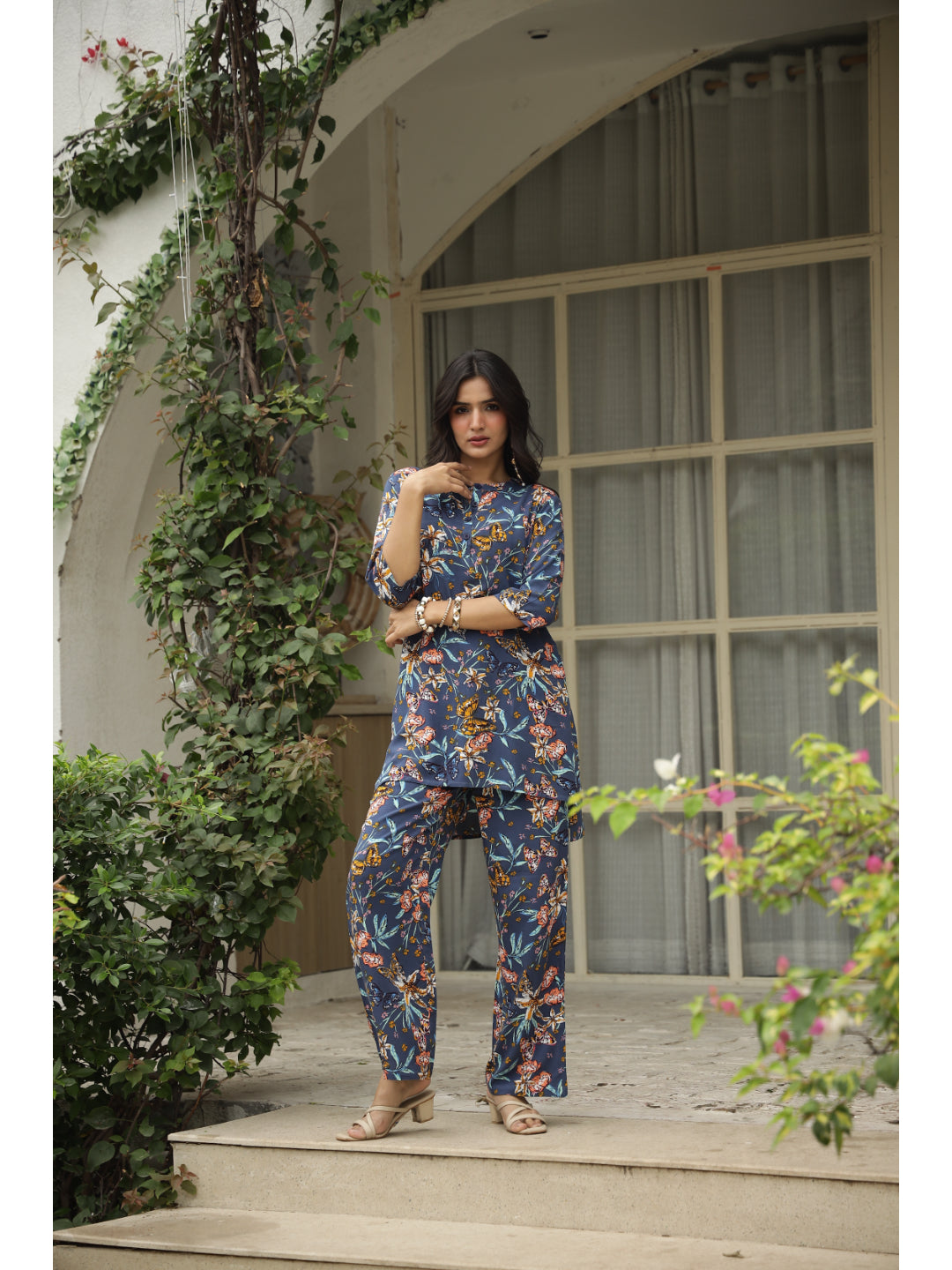 Blue Floral Three-Quarter Sleeves Kurta & Palazzo