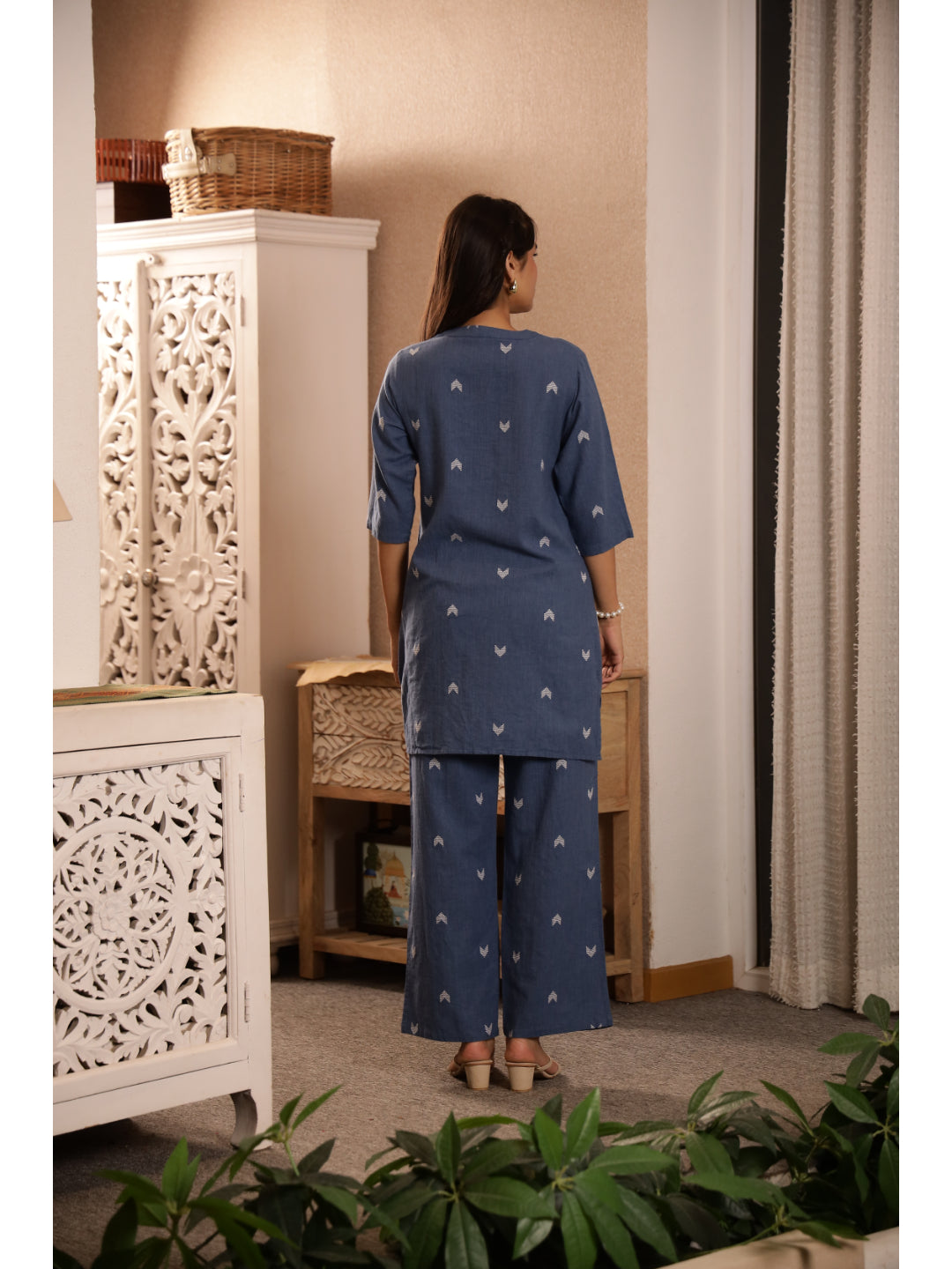 Blue Ethnic Motifs Three-Quarter Sleeves Kurta & Palazzo