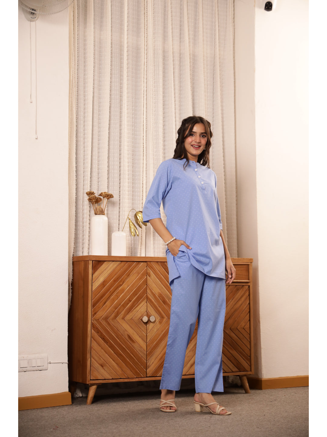 Blue Polka Dots Three-Quarter Sleeves Kurta & Palazzo