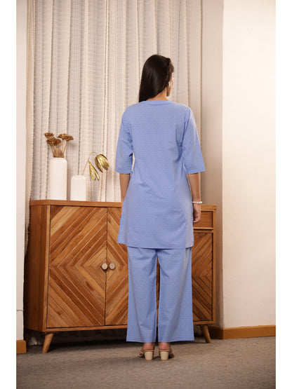 Blue Polka Dots Three-Quarter Sleeves Kurta & Palazzo