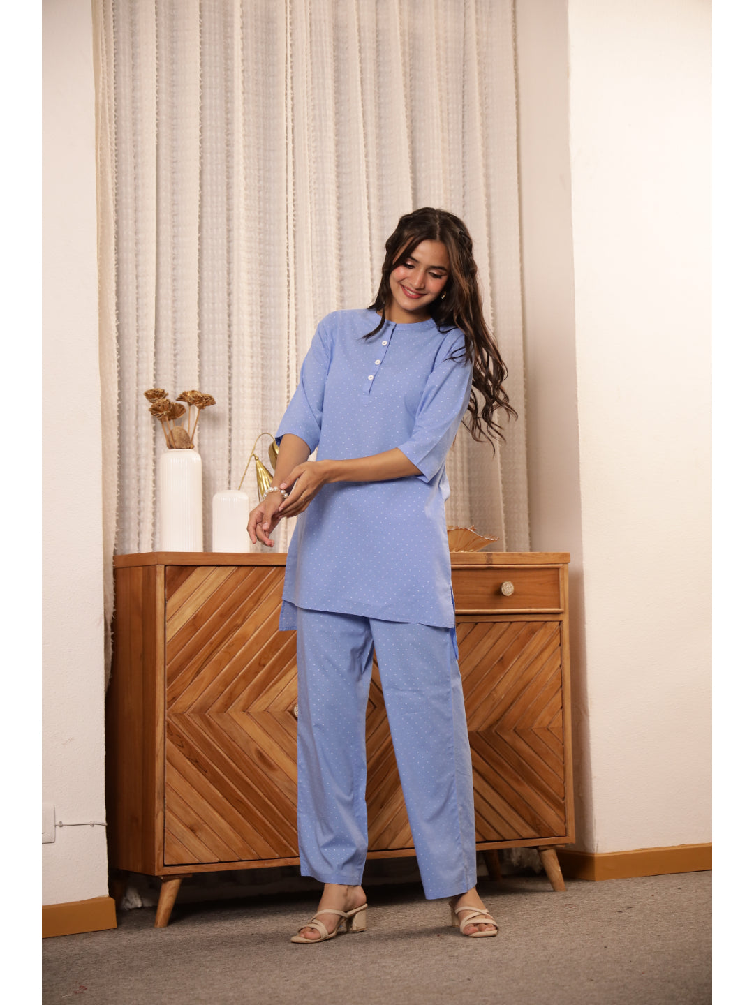 Blue Polka Dots Three-Quarter Sleeves Kurta & Palazzo