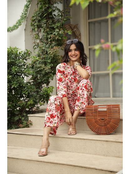Pink Floral Three-Quarter Sleeves Kurta & Palazzo