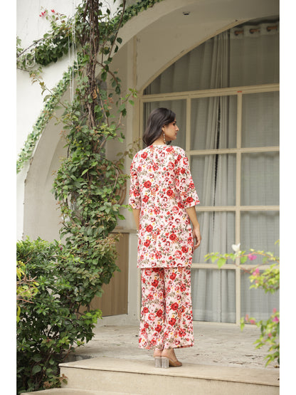 Pink Floral Three-Quarter Sleeves Kurta & Palazzo