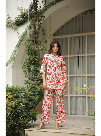 Pink Floral Three-Quarter Sleeves Kurta & Palazzo