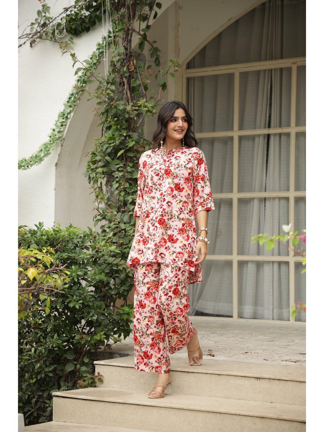 Pink Floral Three-Quarter Sleeves Kurta & Palazzo