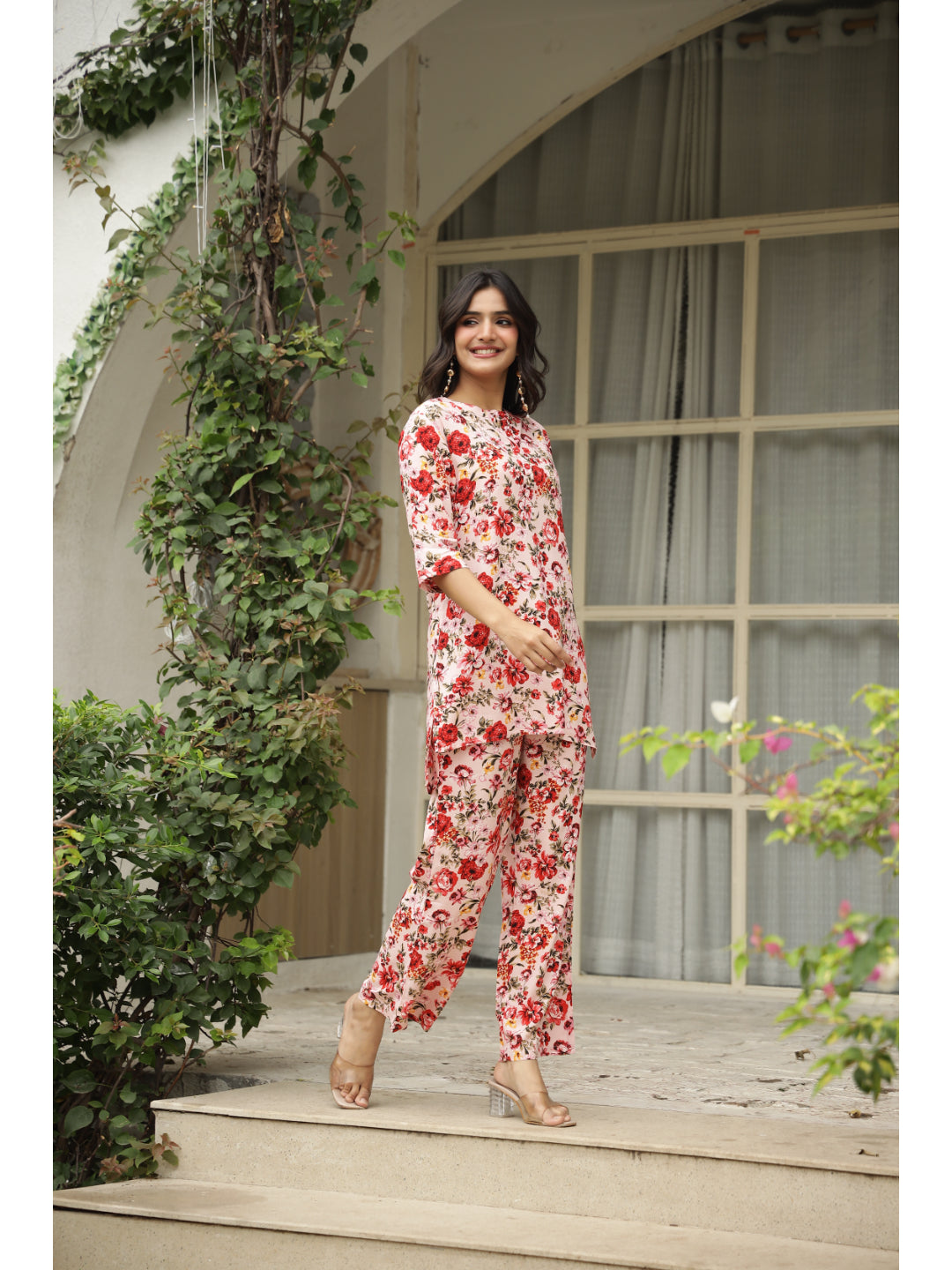 Pink Floral Three-Quarter Sleeves Kurta & Palazzo