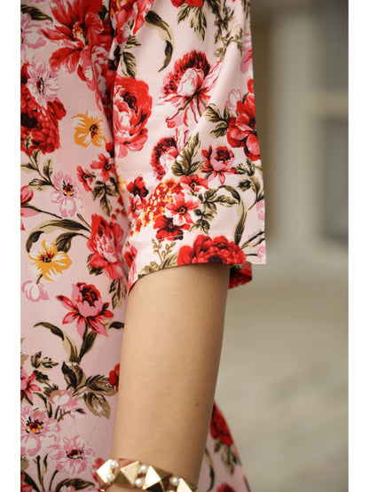 Pink Floral Three-Quarter Sleeves Kurta & Palazzo
